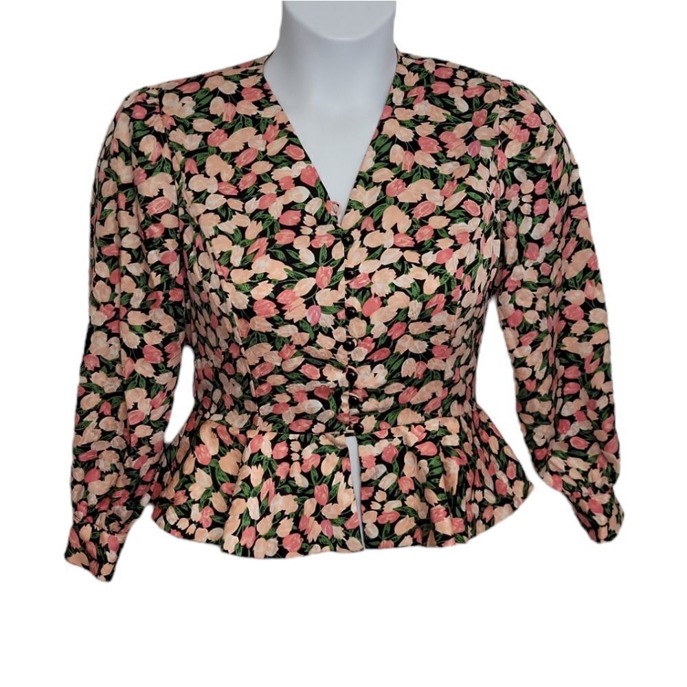 VINTAGE 90s blouse tulip floral peplum long sleeve button up shoulder pads S